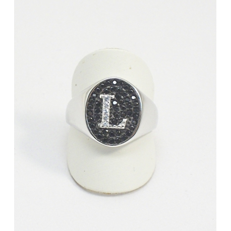 ANELLO IN ARGENTO 925 CON ZIRCONI NERI E BIANCHI MOD CHEVALIER CON INIZIALE