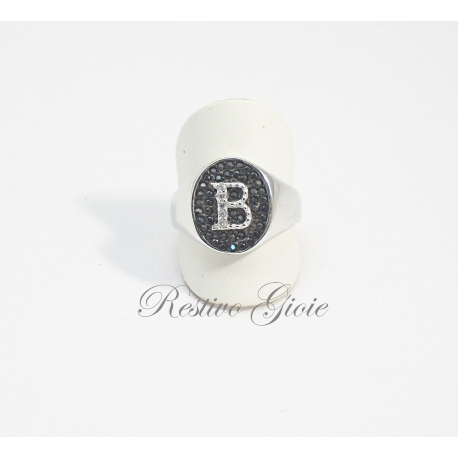 ANELLO IN ARGENTO 925 CON ZIRCONI NERI E BIANCHI MOD CHEVALIER CON INIZIALE