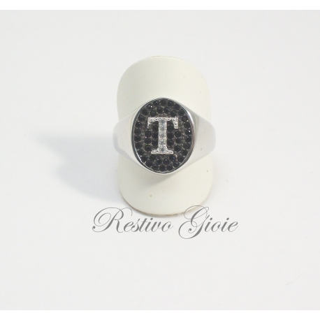 ANELLO IN ARGENTO 925 CON ZIRCONI NERI E BIANCHI MOD CHEVALIER CON INIZIALE