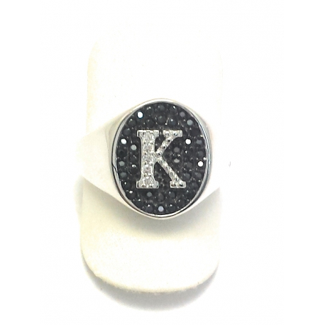 ANELLO IN ARGENTO 925 CON ZIRCONI NERI E BIANCHI MOD CHEVALIER SCUDO CON INIZIALE