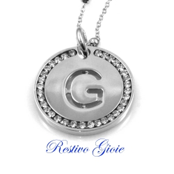 Collana e ciondolo con iniziale lettera G e zirconi in ottone argentato