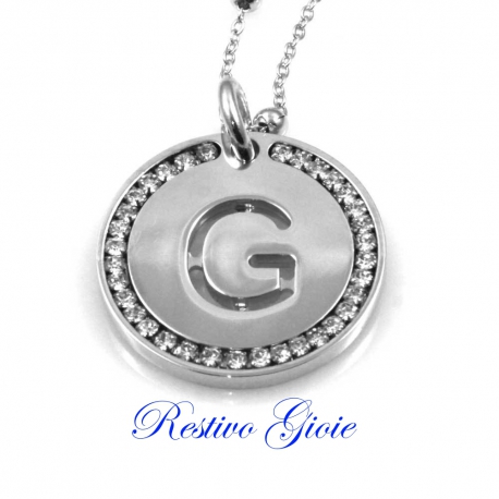 Collana e ciondolo con iniziale lettera G e zirconi in ottone argentato