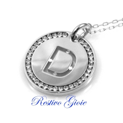 Collana e ciondolo con iniziale lettera d e zirconi in ottone argentato