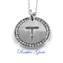 Collana e ciondolo con iniziale lettera T e zirconi in ottone argentato