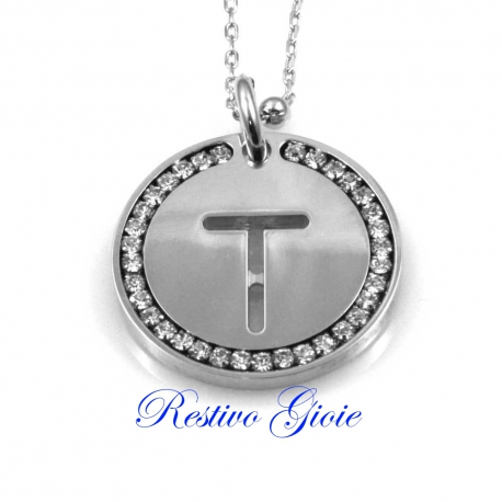 Collana e ciondolo con iniziale lettera T e zirconi in ottone argentato