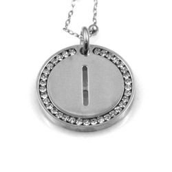 Collana e ciondolo con iniziale lettera I e zirconi in ottone argentato