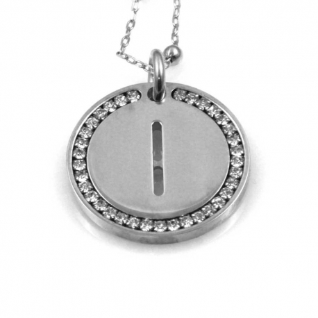 Collana e ciondolo con iniziale lettera I e zirconi in ottone argentato