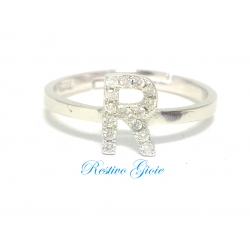 ANELLO APERTO REGOLABILE IN ARGENTO CON LETTERA INIZIALE "R" CON ZIRCONI