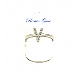 ANELLO APERTO REGOLABILE IN ARGENTO CON LETTERA INIZIALE "V" CON ZIRCONI
