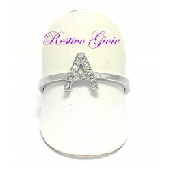 ANELLO APERTO REGOLABILE IN ARGENTO CON LETTERA INIZIALE "A" CON ZIRCONI