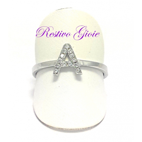 ANELLO APERTO REGOLABILE IN ARGENTO CON LETTERA INIZIALE "A" CON ZIRCONI