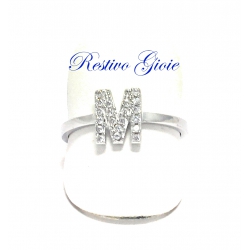 ANELLO APERTO REGOLABILE IN ARGENTO CON LETTERA INIZIALE "M" CON ZIRCONI