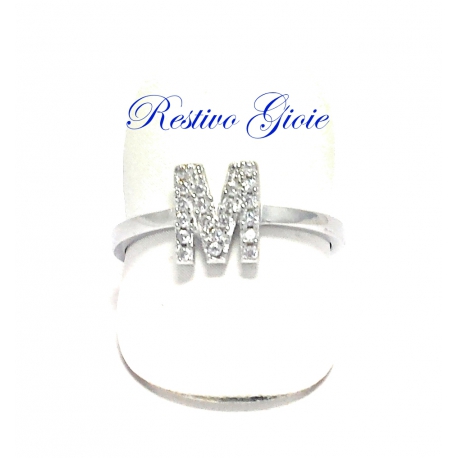 ANELLO APERTO REGOLABILE IN ARGENTO CON LETTERA INIZIALE "M" CON ZIRCONI