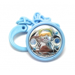 SPILLA PER CIUCCIO BIMBO CELESTE CON PLACCHETTA IN ARGENTO E SMALTI COD.AE0421C
