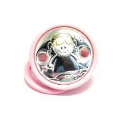 SPILLA PER CIUCCIO BIMBA ROSA CON PLACCHETTA IN ARGENTO E SMALTI COD.AE0421R
