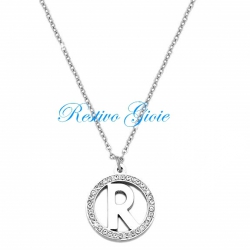 COLLANA GIROCOLLO IN ACCIAIO CON CIONDOLO LETTERA INIZIALE "R" E ZIRCONI