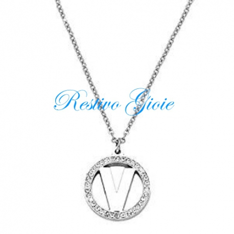 COLLANA GIROCOLLO IN ACCIAIO CON CIONDOLO LETTERA INIZIALE "V" E ZIRCONI
