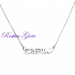 COLLANA GIROCOLLO ROLO' IN ACCIAIO LUCIDO CON NOME "GRETA" E CUORE