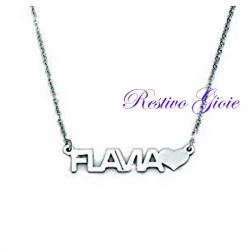 COLLANA GIROCOLLO ROLO' IN ACCIAIO LUCIDO CON NOME "FLAVIA" E CUORE