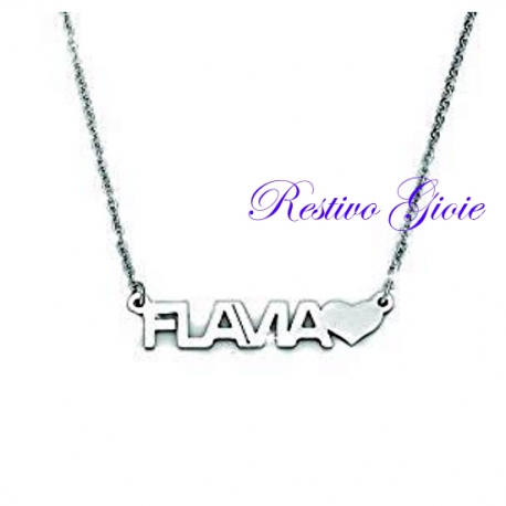 COLLANA GIROCOLLO ROLO' IN ACCIAIO LUCIDO CON NOME "FLAVIA" E CUORE