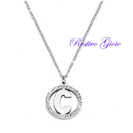 COLLANA GIROCOLLO IN ACCIAIO CON CIONDOLO LETTERA INIZIALE "C" E ZIRCONI