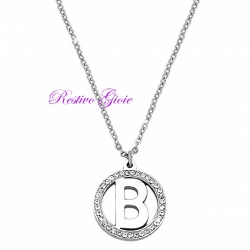 COLLANA GIROCOLLO IN ACCIAIO CON CIONDOLO LETTERA INIZIALE "B" E ZIRCONI