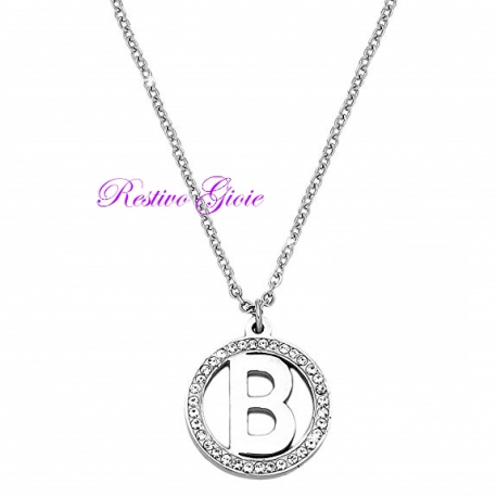 COLLANA GIROCOLLO IN ACCIAIO CON CIONDOLO LETTERA INIZIALE "B" E ZIRCONI