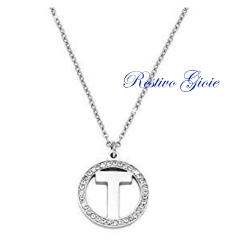 COLLANA GIROCOLLO IN ACCIAIO CON CIONDOLO LETTERA INIZIALE "T" E ZIRCONI