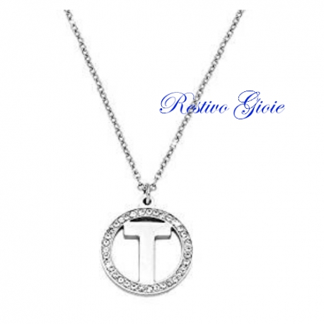 COLLANA GIROCOLLO IN ACCIAIO CON CIONDOLO LETTERA INIZIALE "T" E ZIRCONI