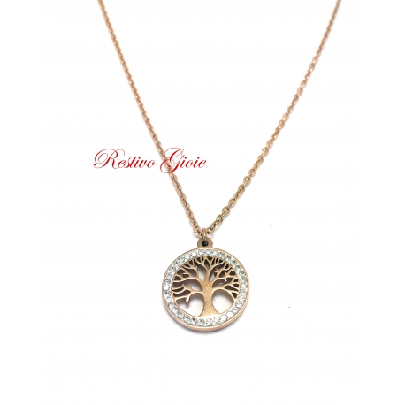 COLLANA GIROCOLLO IN ACCIAIO ROSATO CON CIONDOLO ALBERO DELLA VITA CON ZIRCONI