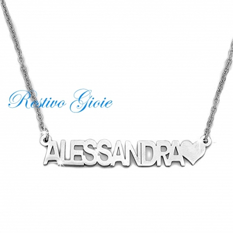 COLLANA GIROCOLLO ROLO' IN ACCIAIO LUCIDO CON NOME "ALESSANDRA" E CUORE