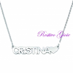 COLLANA GIROCOLLO ROLO' IN ACCIAIO LUCIDO CON NOME "CRISTINA" E CUORE