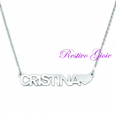 COLLANA GIROCOLLO ROLO' IN ACCIAIO LUCIDO CON NOME "CRISTINA" E CUORE