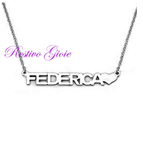 COLLANA GIROCOLLO ROLO' IN ACCIAIO LUCIDO CON NOME "FEDERICA" E CUORE