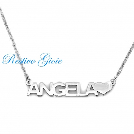 COLLANA GIROCOLLO ROLO' IN ACCIAIO LUCIDO CON NOME "ANGELA" E CUORE
