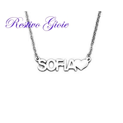COLLANA GIROCOLLO ROLO' IN ACCIAIO LUCIDO CON NOME "SOFIA" E CUORE
