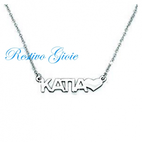 COLLANA GIROCOLLO ROLO' IN ACCIAIO LUCIDO CON NOME "KATIA" E CUORE