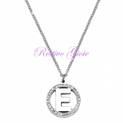 COLLANA GIROCOLLO IN ACCIAIO CON CIONDOLO LETTERA INIZIALE "E" E ZIRCONI