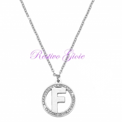 COLLANA GIROCOLLO IN ACCIAIO CON CIONDOLO LETTERA INIZIALE "F" E ZIRCONI