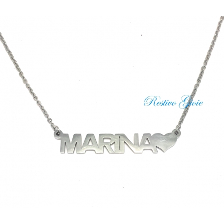COLLANA GIROCOLLO ROLO' IN ACCIAIO LUCIDO CON NOME "MARINA" E CUORE