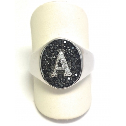 ANELLO IN ARGENTO 925 CON ZIRCONI NERI E BIANCHI MOD CHEVALIER CON INIZIALE