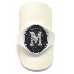 ANELLO IN ARGENTO 925 CON ZIRCONI NERI E BIANCHI MOD CHEVALIER CON INIZIALE