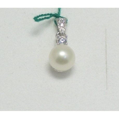 CIONDOLO PENDENTE IN ORO BIANCO 18Kt 750/°°° PERLA ACQUA DOLCE E ZIRCONI GR 1,8