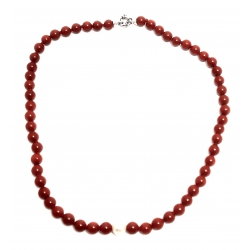 Collana in corallo rosso e perla bianca con chiusura in argento