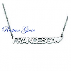 COLLANA GIROCOLLO ROLO' IN ACCIAIO LUCIDO CON NOME "FRANCESCA" E CUORE