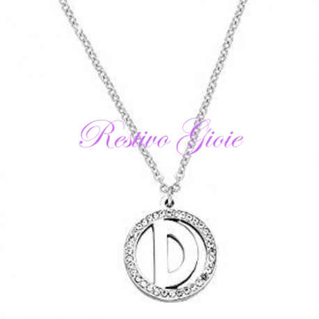 COLLANA GIROCOLLO IN ACCIAIO CON CIONDOLO LETTERA INIZIALE "D" E ZIRCONI
