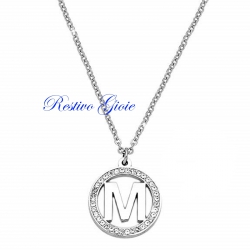 COLLANA GIROCOLLO IN ACCIAIO CON CIONDOLO LETTERA INIZIALE "M" E ZIRCONI