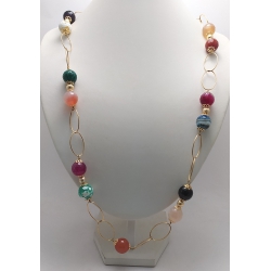 Collana lunga con pietre dure di agata colorata e catena in argento dorato