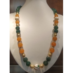 Collana donna con pietre dure di agata verde e arancio con inserti dorati