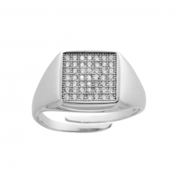 Anello Chevalier Quadrato con Zirconi Bianchi in Argento 925 Rodiato